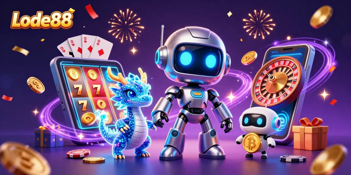Lode88 celebrates with a dynamic casino scene featuring a cyberpunk robot, AI dragon, and bitcoin drone.