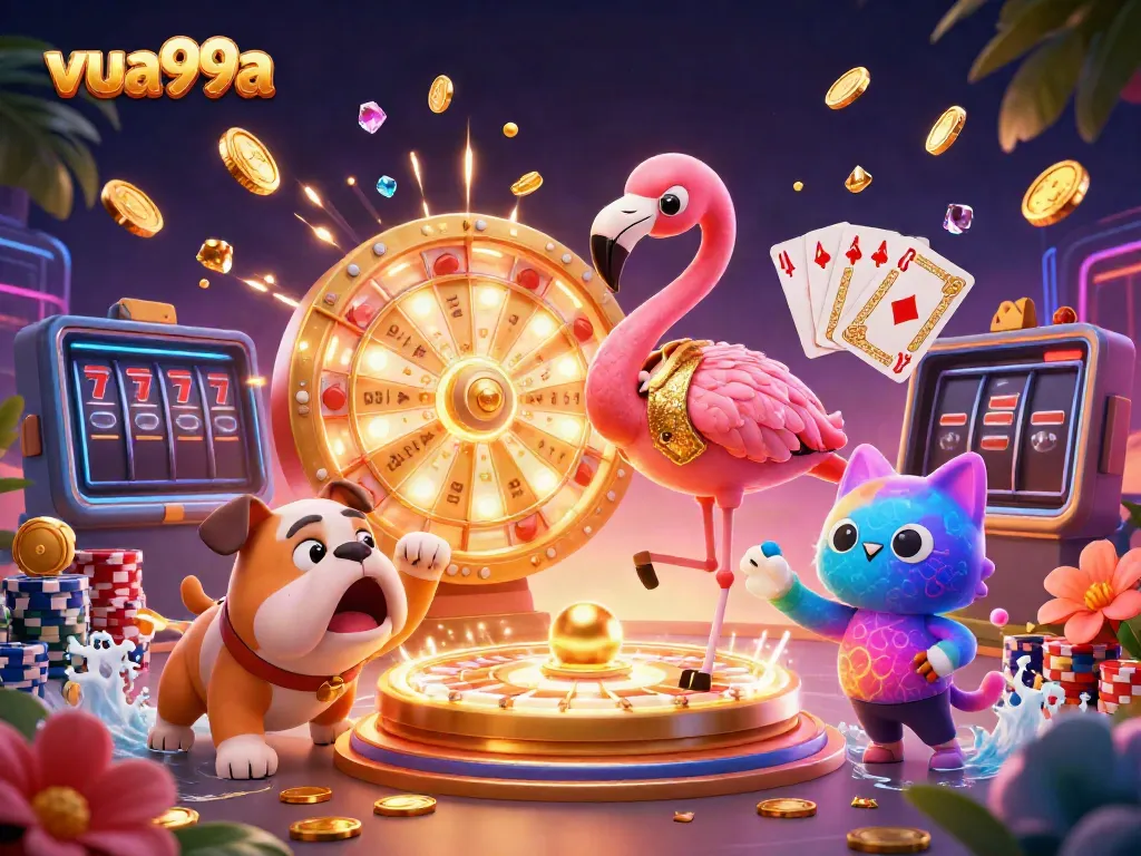 Experience excitement at VUA99A with engaging characters spinning a prize wheel amidst cascading coins and a vibrant casino scene.