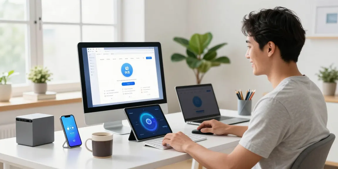 Happy user connecting to 快连 network on multiple devices in a bright home office, showcasing modern tech.