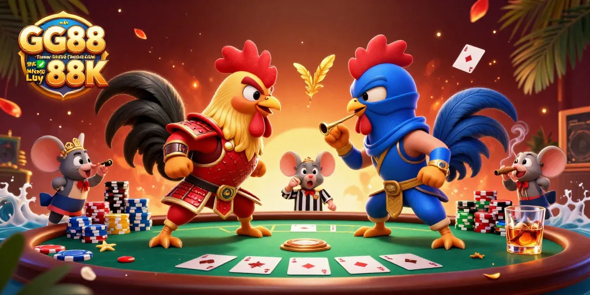 Engage with GG88 - Trang Chủ Chính Thức GG88.COM T4/2026 ✅ Nhấp Đăng Ký Lấy 88K as 3D fighting roosters clash at a poker table.
