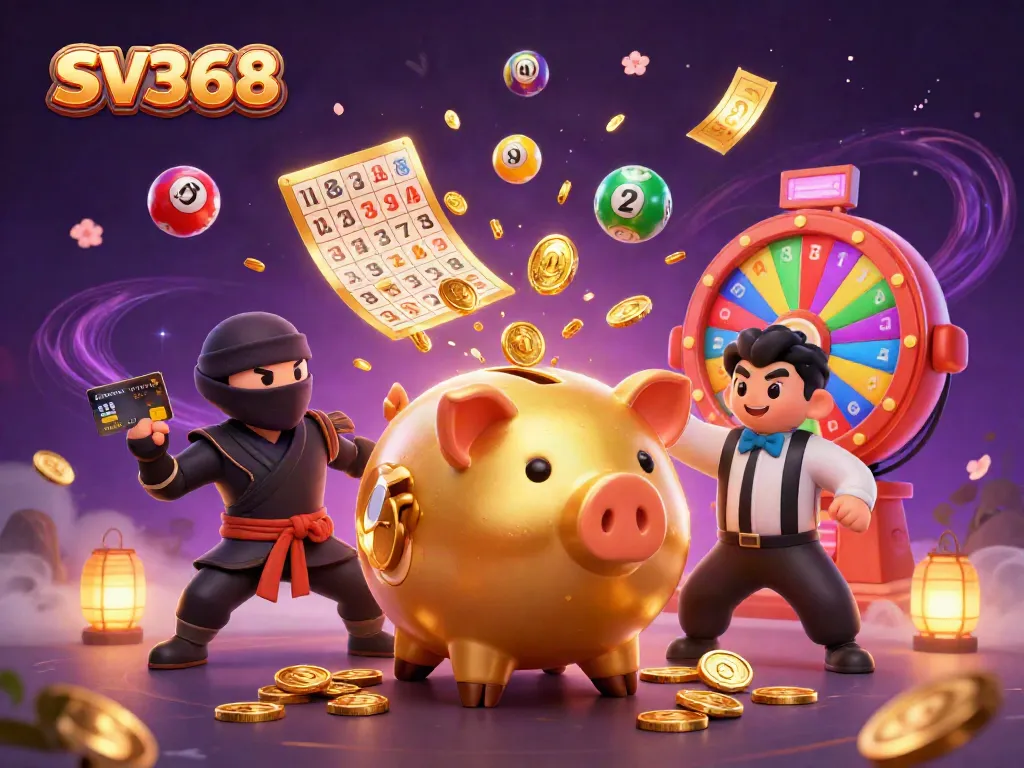 Engage with SV368 through a vivid 3D illustration of a golden piggy bank sumo wrestler delivering a dynamic casino experience.
