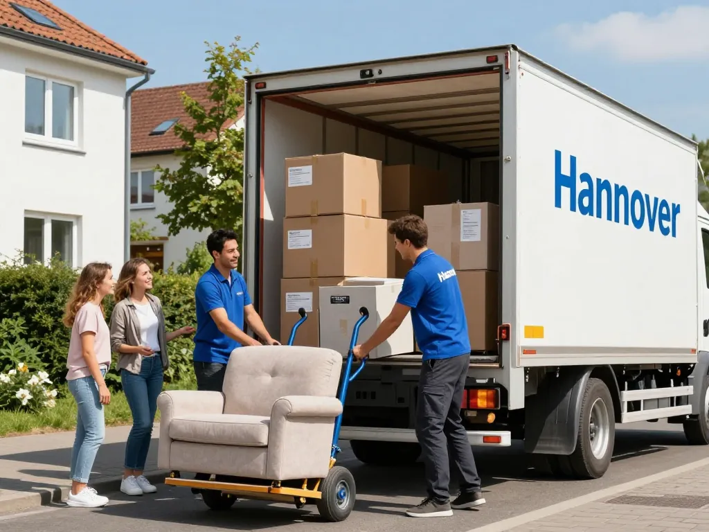 Professionelle Umzugshelfer laden einen Truck in Hannover und zeigen zuverlässige Umzugsunternehmen Hannover Dienstleistungen.