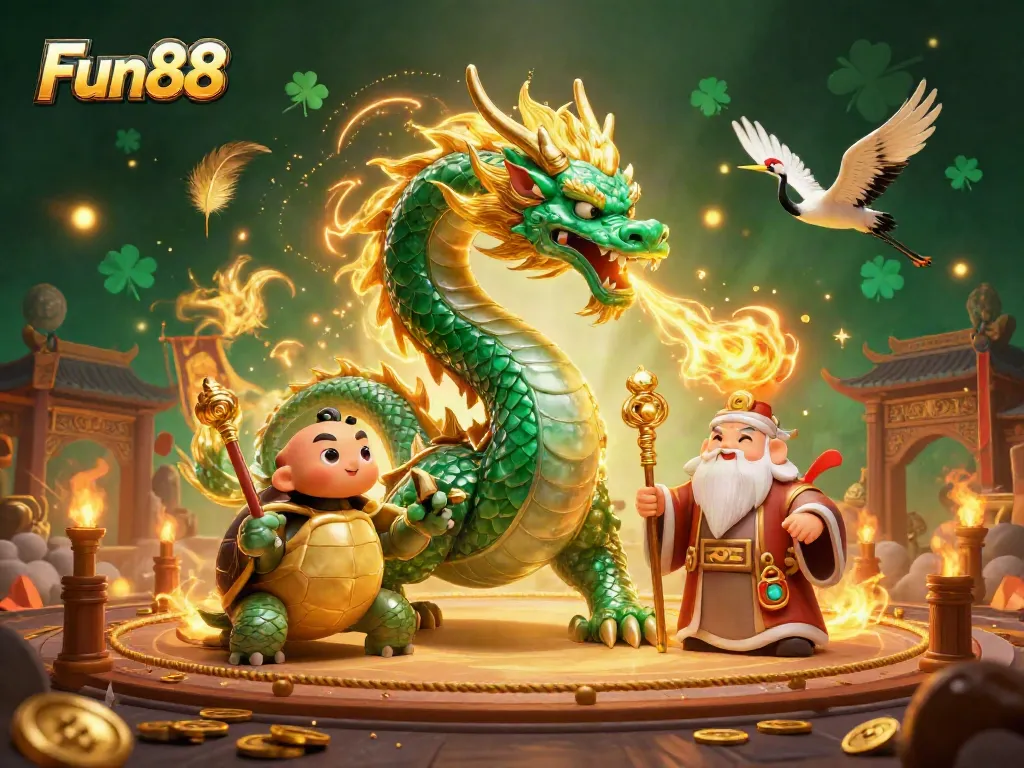 Engage with Fun88 through a vibrant casino scene featuring a jade dragon and wise turtle, surrounded by dynamic gaming elements.
