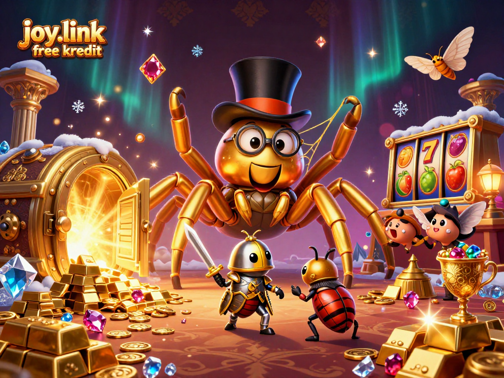 Engage with joy.link free kredit in a vibrant casino scene featuring a giant tarantula and beetle knight.