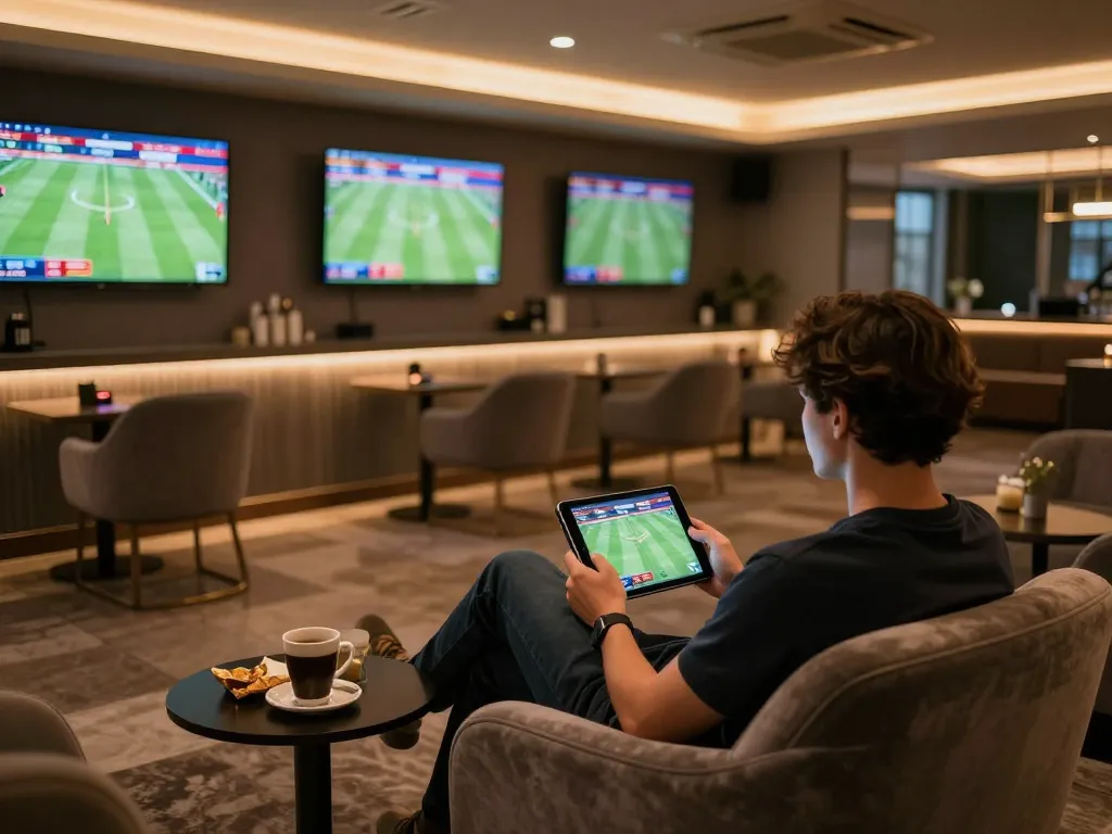 Vin88 user placing bets on a tablet in a modern sports betting lounge setting, showcasing an engaging gaming atmosphere
