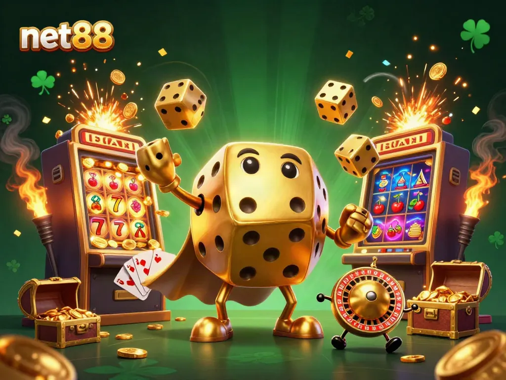 Experience thrilling gaming action with net88's vibrant casino scene featuring dice and slot machines.