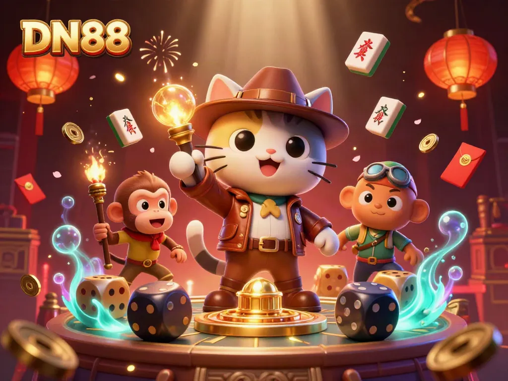 Engage in thrilling gameplay at DN88, showcasing an explorer cat and monkey in a vibrant casino world.