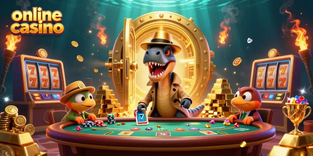 Engage in the thrill of online casino with a velociraptor card counter in the heart of a dynamic blackjack scene.
