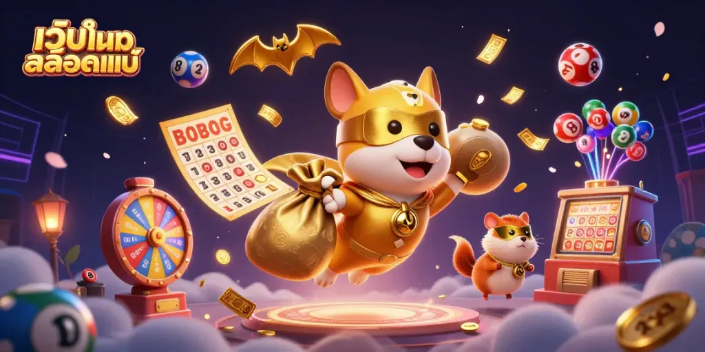 Engage with enthusiasm at เว็บเกมสล็อตแท้, where a superhero dog flies amidst vibrant casino elements in a lively setting.