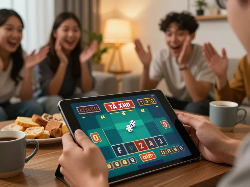 Players enjoying tài xỉu online game on a tablet in cozy living room, excitement visible.