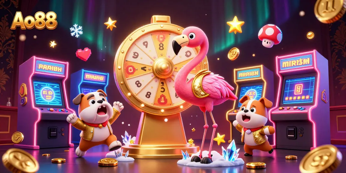 Experience the thrill of Ao88 with vibrant games and prizes in this 3D casino illustration.