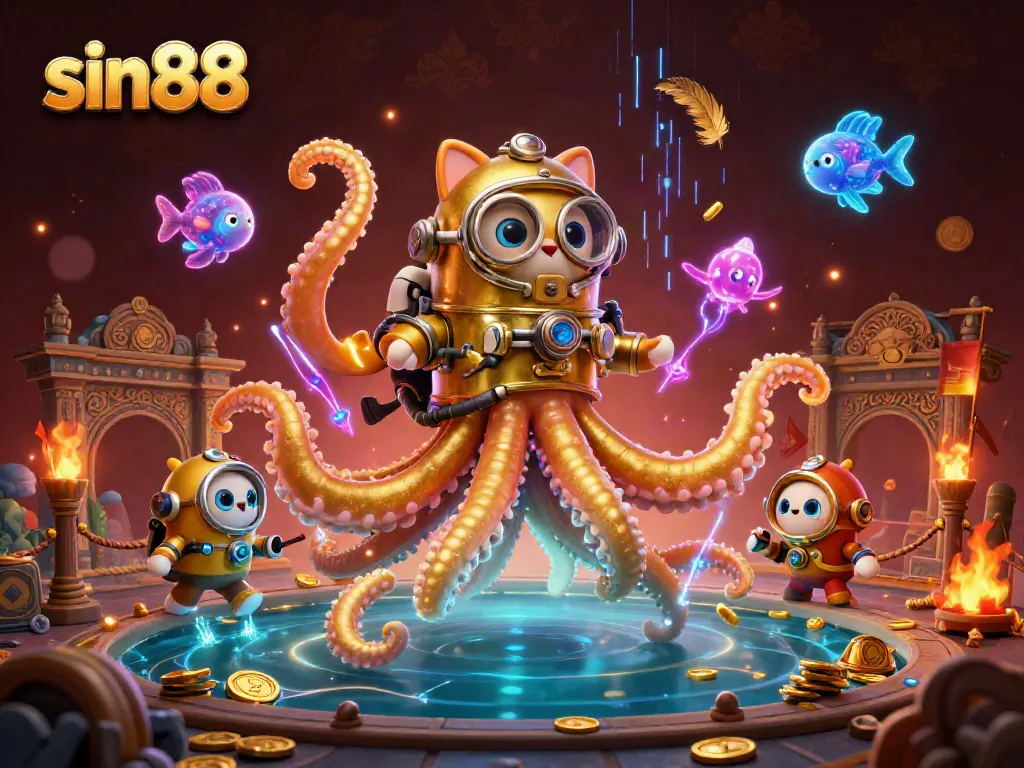 Experience thrilling gameplay with sin88's engaging atmosphere featuring a kraken, diving cat, and glowing fish.