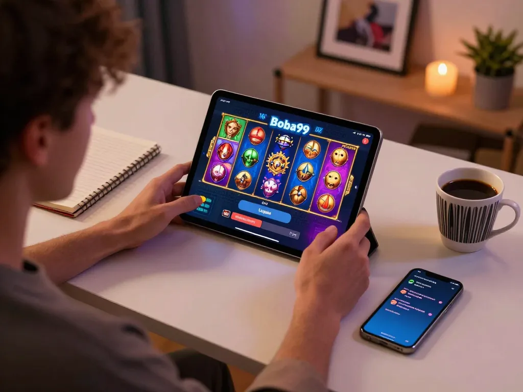 Layar login Boba99 yang ditampilkan di tablet selama sesi permainan online yang nyaman di rumah