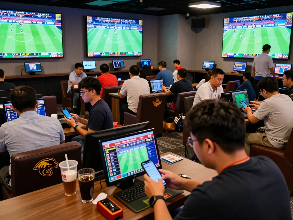Dynamic atmosphere capturing bettors analyzing keo nha cai 5 during live sports events