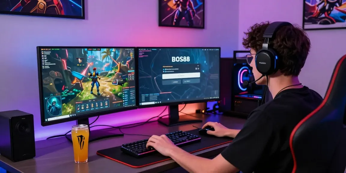 Tampilan BOS88 Login dengan gamer fokus di ruang gaming modern.