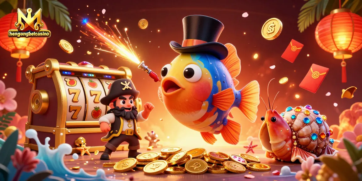 Experience thrilling gameplay with hengongbetcasino featuring an anglerfish and pirate shrimp amid vibrant casino symbols.