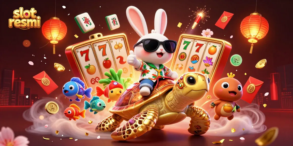 Engage with slot resmi featuring a lucky rabbit and golden turtle in a vibrant casino scene, capturing exciting gameplay elements.