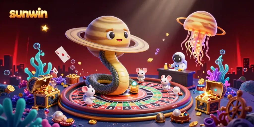 Experience sunwin's vibrant casino scene with space-themed characters and elements in stunning 3D.