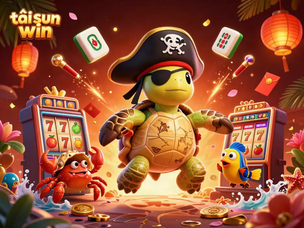 Play exciting games and tải sun win with a vibrant casino-themed illustration featuring a pirate turtle.