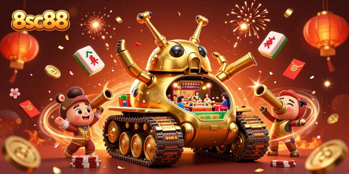 8sc88 showcases an ultra-detailed 3D casino experience within a golden beetle tank surrounded by gambling elements.