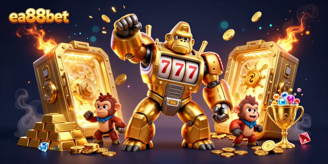 Engage with ea88bet's thrilling casino experience featuring a dynamic golden gorilla mech amidst treasures.