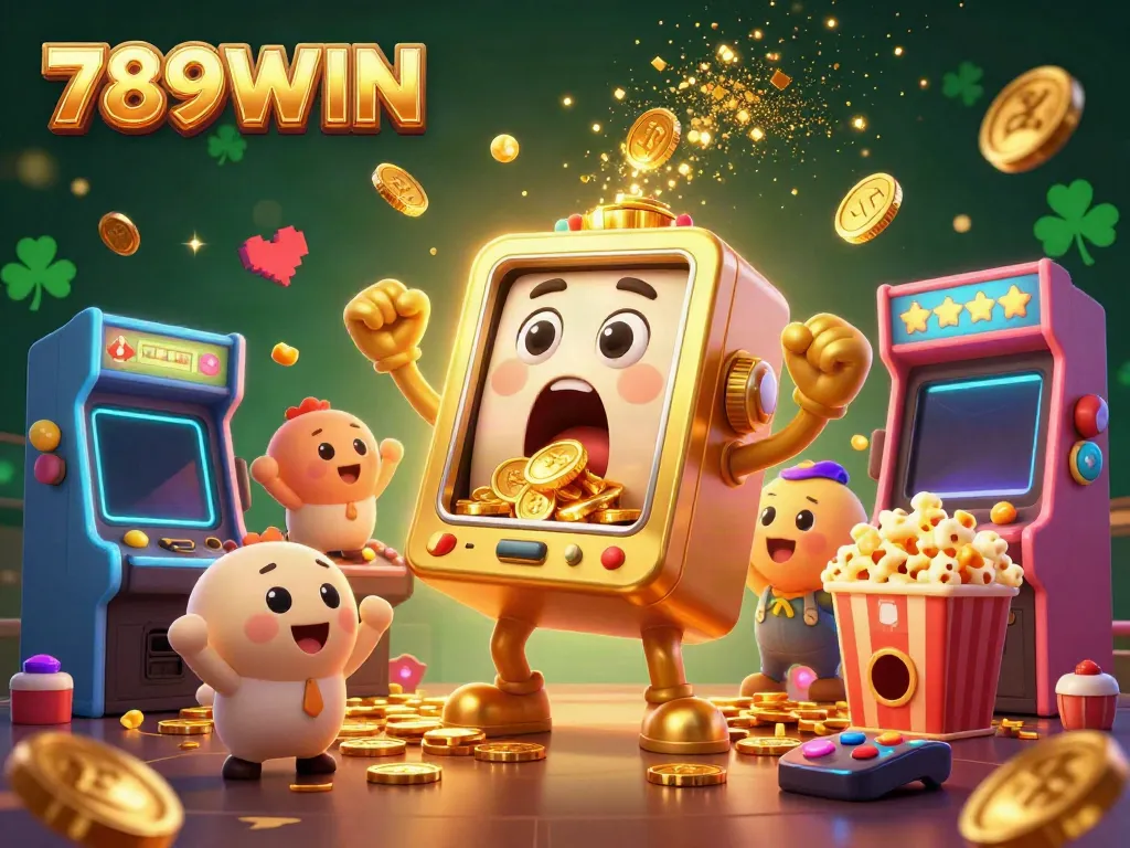 Experience the excitement of 789WIN with a lively scene featuring a golden slot machine hitting a jackpot amidst colorful arcade elements.