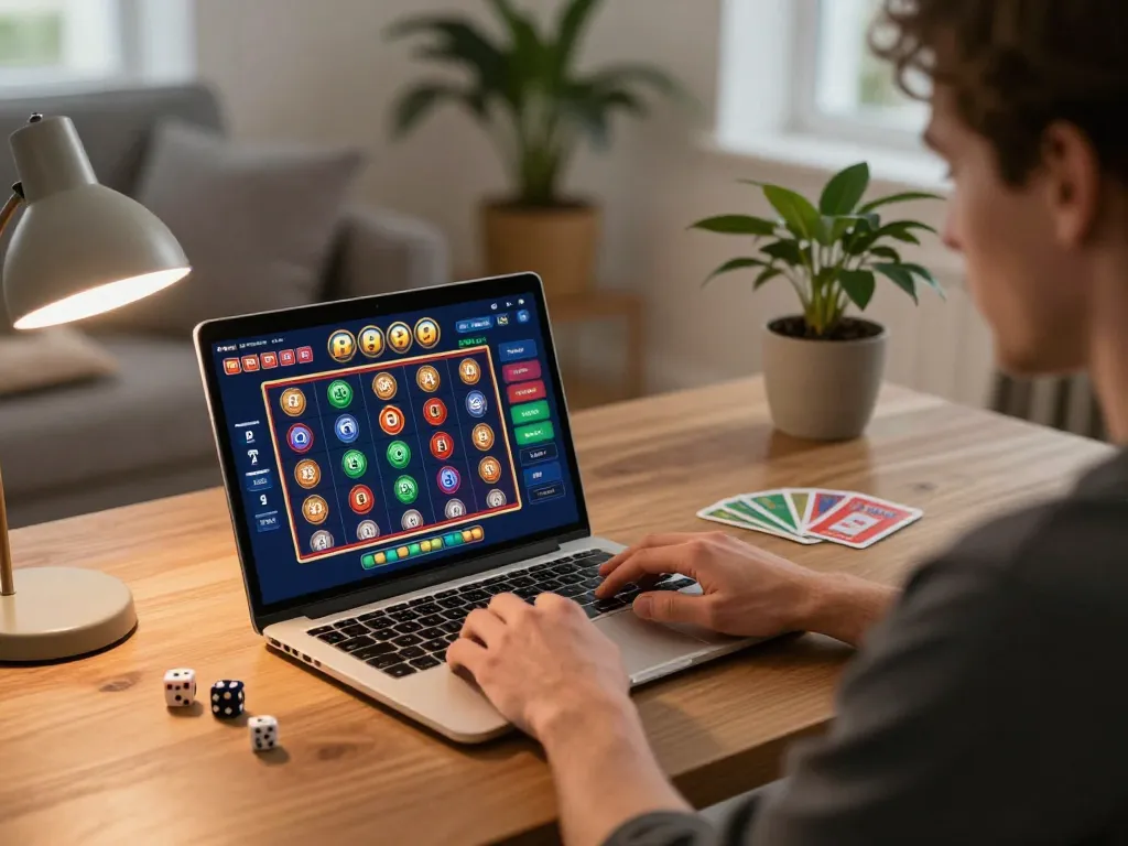 Engaging in online gambling strategies on laptop with keonhacai gaming insights in modern home office
