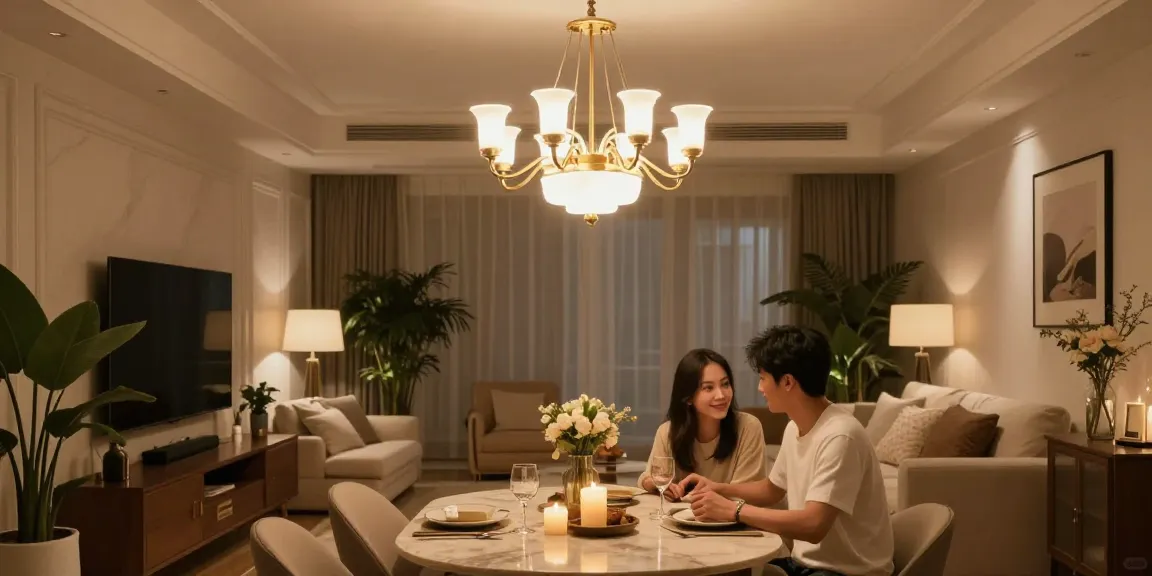 Candelabre led moderne în living elegant cu atmosfera primitoare.