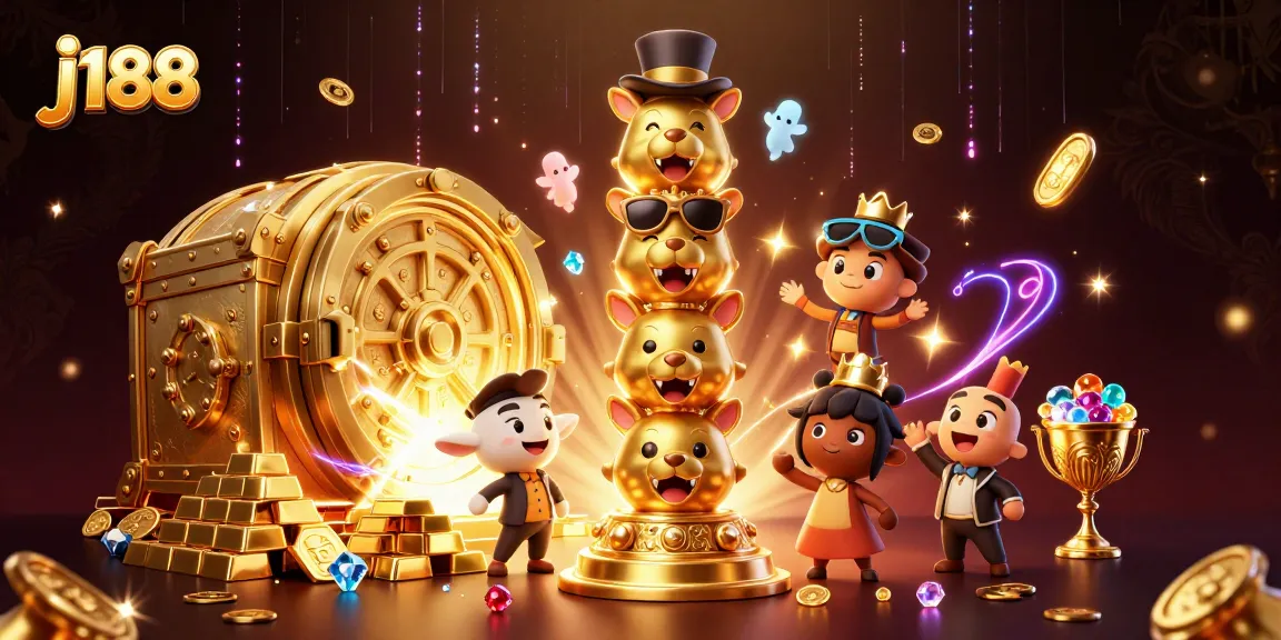 Experience excitement at j188 with a vibrant 3D casino illustration featuring a golden totem and treasures.