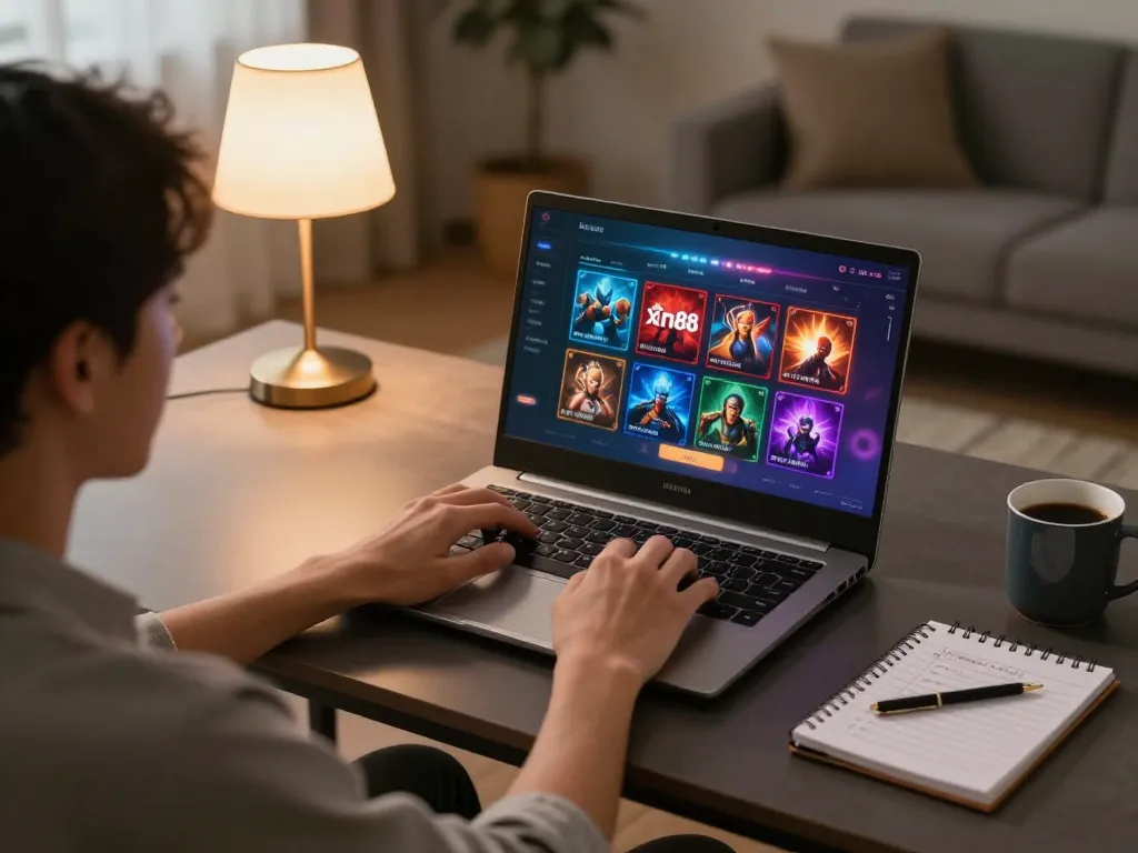 Play exciting xin88 games at home with a person engaged at a laptop in a cozy environment