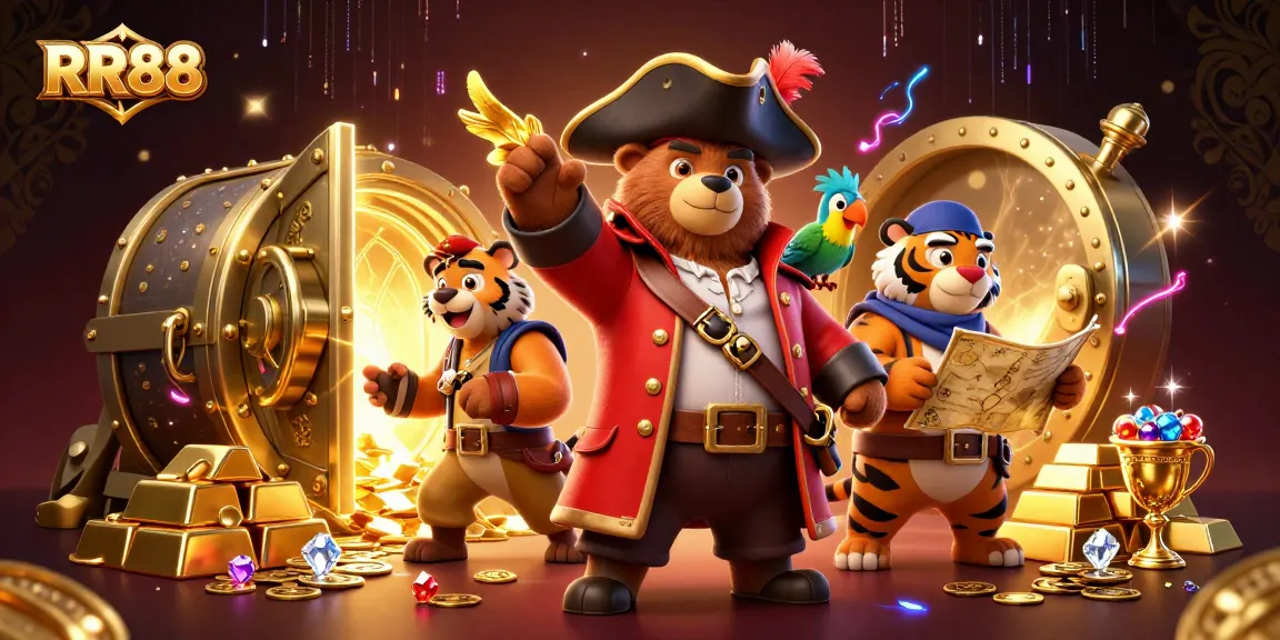 Bet on RR88 as the pirate captain bear and tiger first mate uncover treasures in a vibrant 3D casino.
