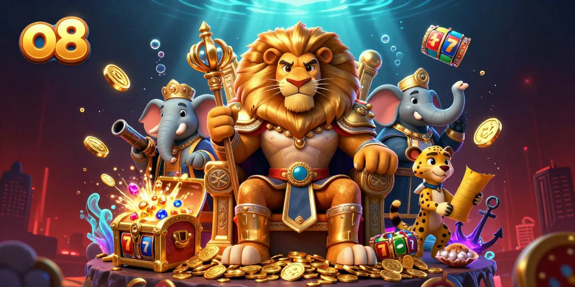 Experience online casino games at o8 with vibrant visuals of a lion king and lively elements.