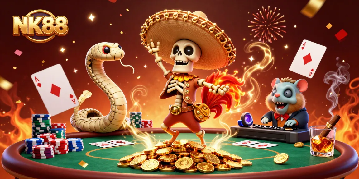 Experience thrilling victories at NK88 with a lively casino scene featuring dynamic characters and poker elements.