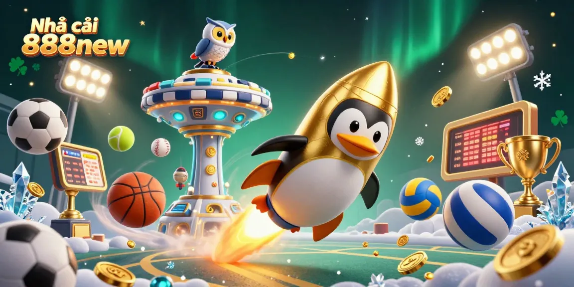 Engage in exciting gaming action with Nhà cái 888new's thrilling casino adventure featuring golden penguin and sports elements.