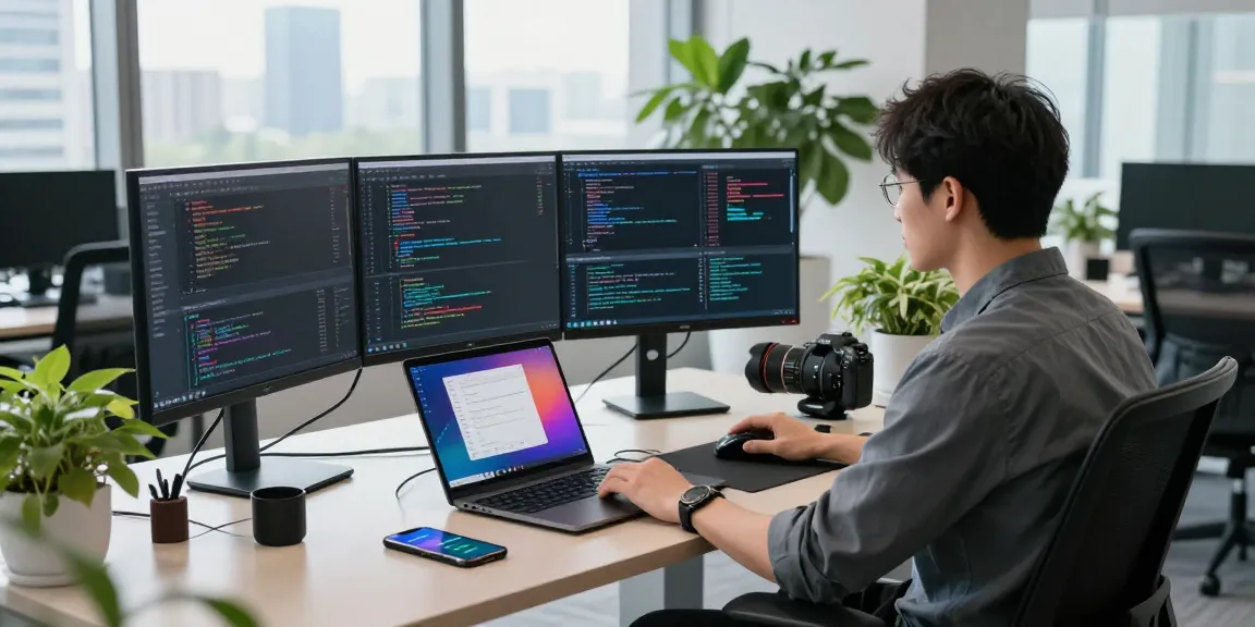 快连 software developer in a modern workspace, focusing on coding with multiple screens and tech gadgets.