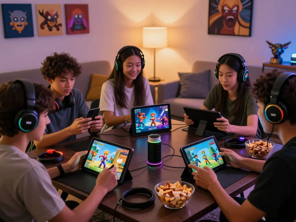 Gamers enjoying engaging xxx games on multiple devices in a cozy setting.