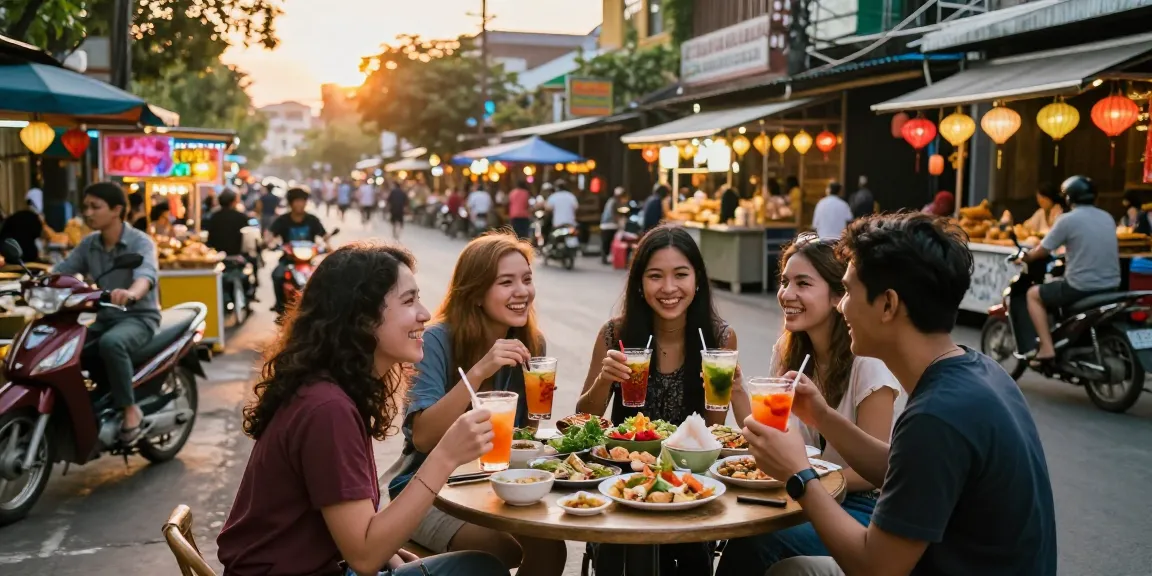 Những người bạn trẻ thưởng thức B52 cocktail và đồ ăn đường phố tại Việt Nam.