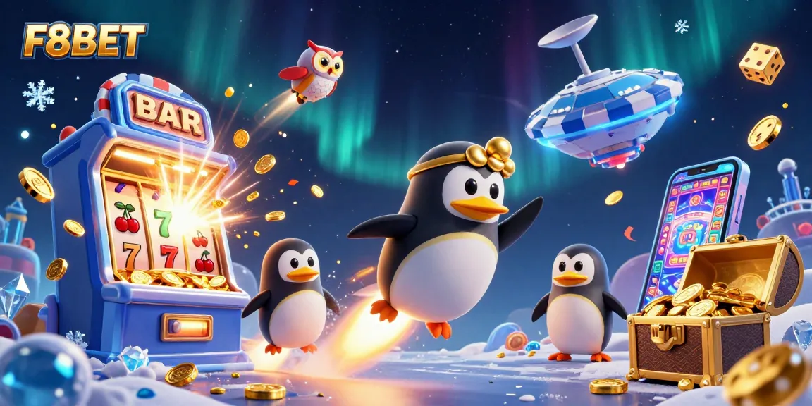 Experience F8BET's thrilling casino adventure with a golden penguin heading to a jackpot!