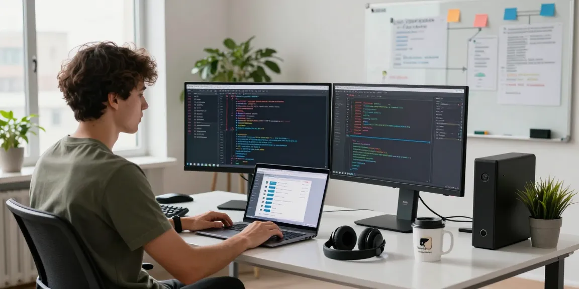 Developer coding at a modern workspace featuring telegraimin.com, showcasing software development tools and vibrant atmosphere.
