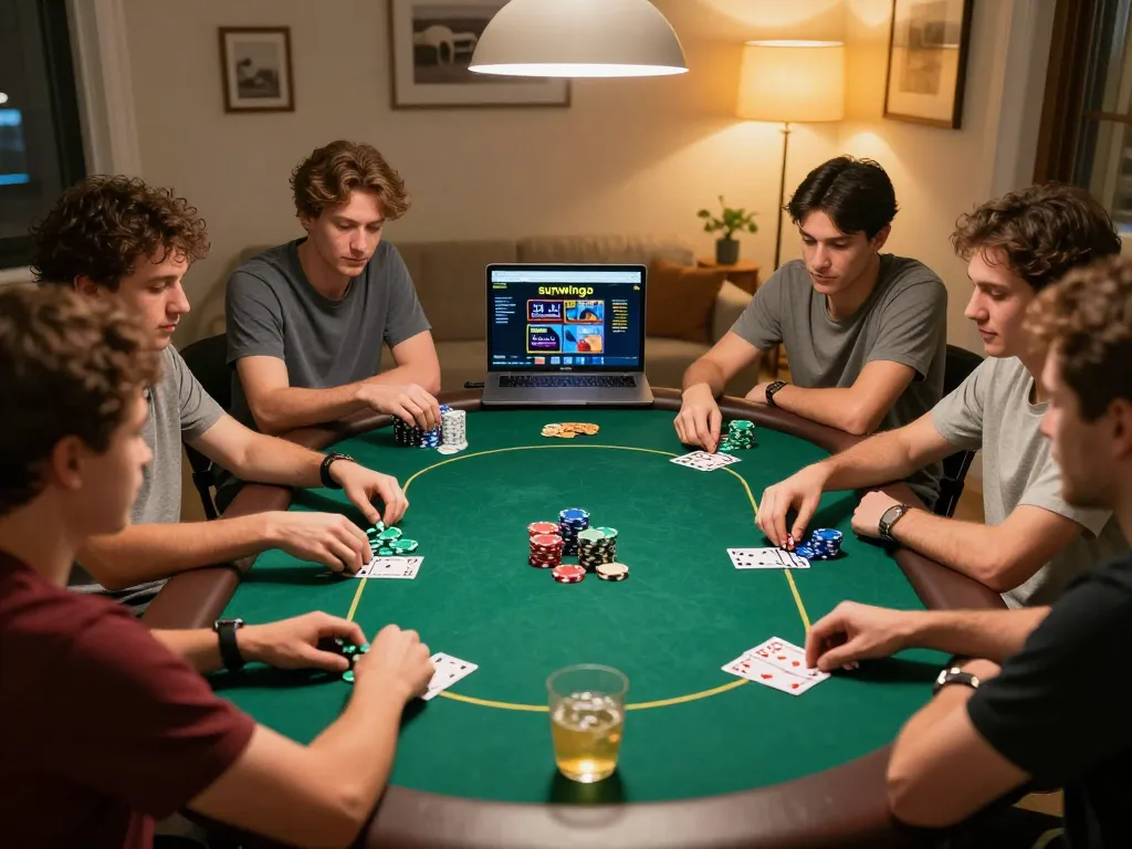 Friends playing poker with sunwingo website open on laptop, creating an engaging home game atmosphere.