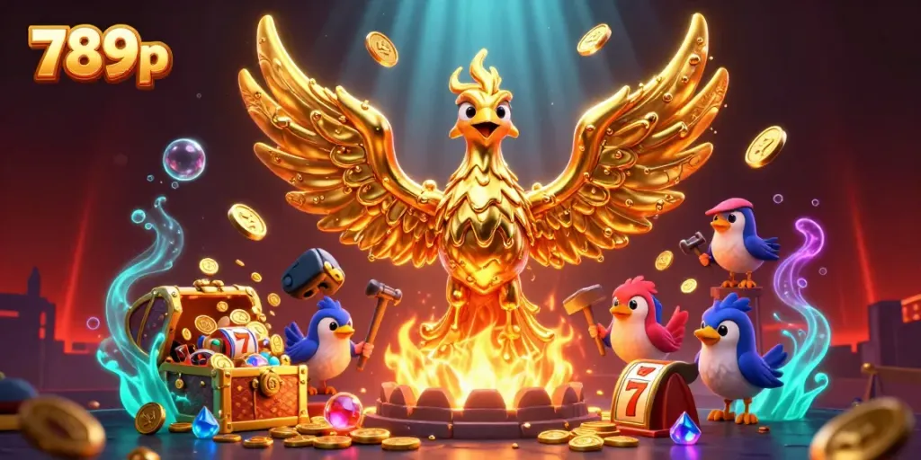 Experience the lavish gaming world of 789p with a golden phoenix amid dynamic slot elements.