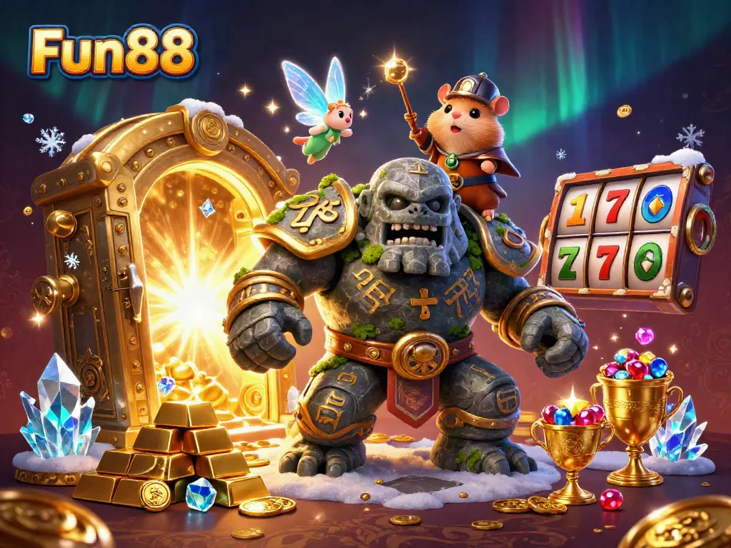 Engage with Fun88 as a dazzling 3D character scene featuring a stone golem, fairy, and hamster knight amidst casino treasures.