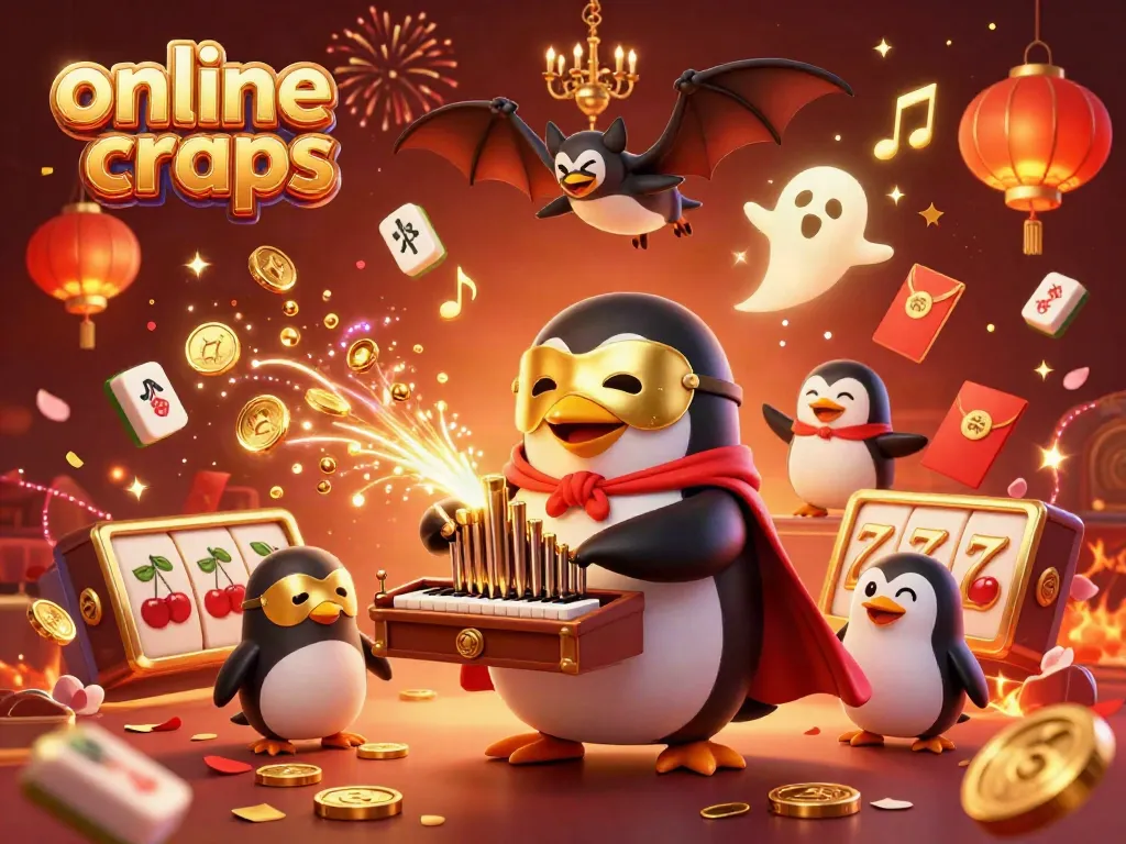 Experience online craps excitement with a penguin organist surrounded by festive casino elements.
