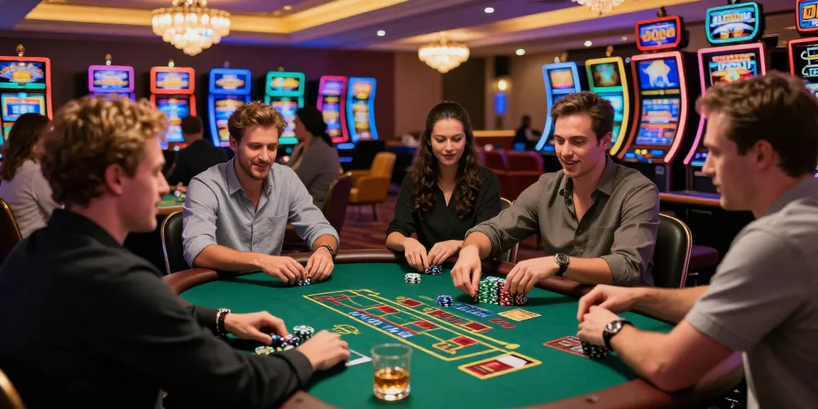 Experience the excitement at credit card casinos like https://troyuk.co.uk, featuring diverse players enjoying blackjack and vibrant slots.