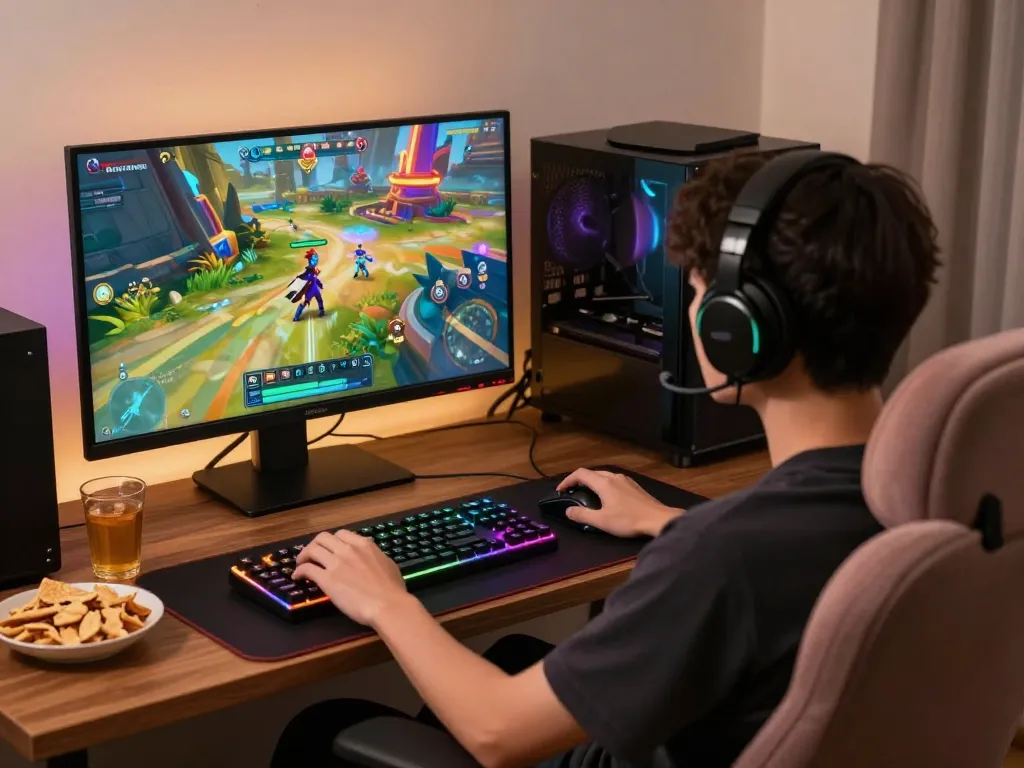 Enthusiast playing online porn games in a cozy gaming setup with vibrant graphics and ambient lighting.