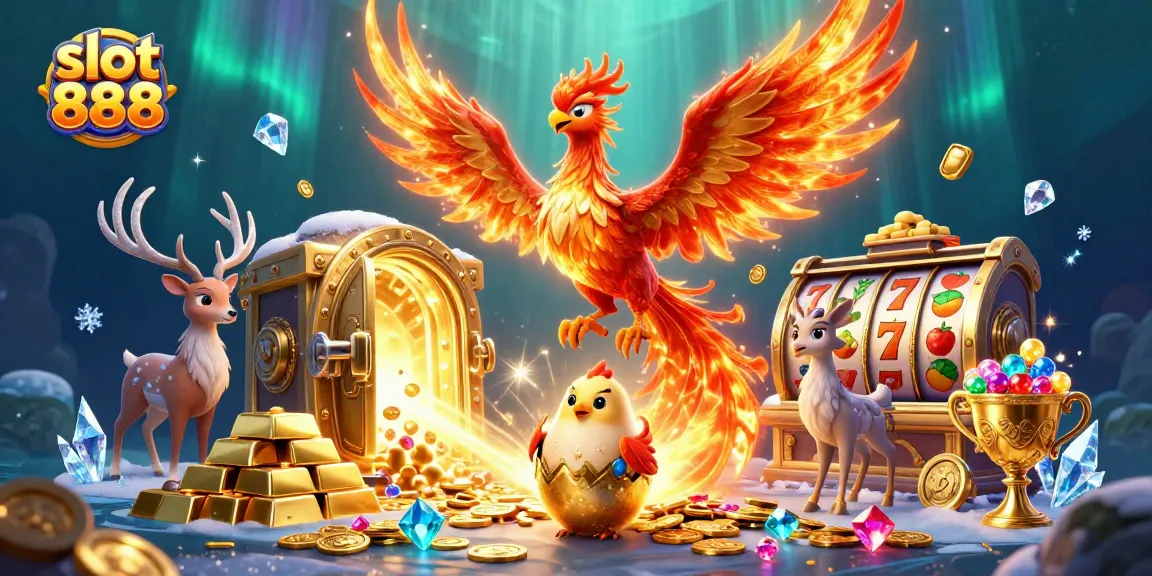 Experience exciting gameplay with slot 888 as phoenix and stag dance amidst golden treasures.