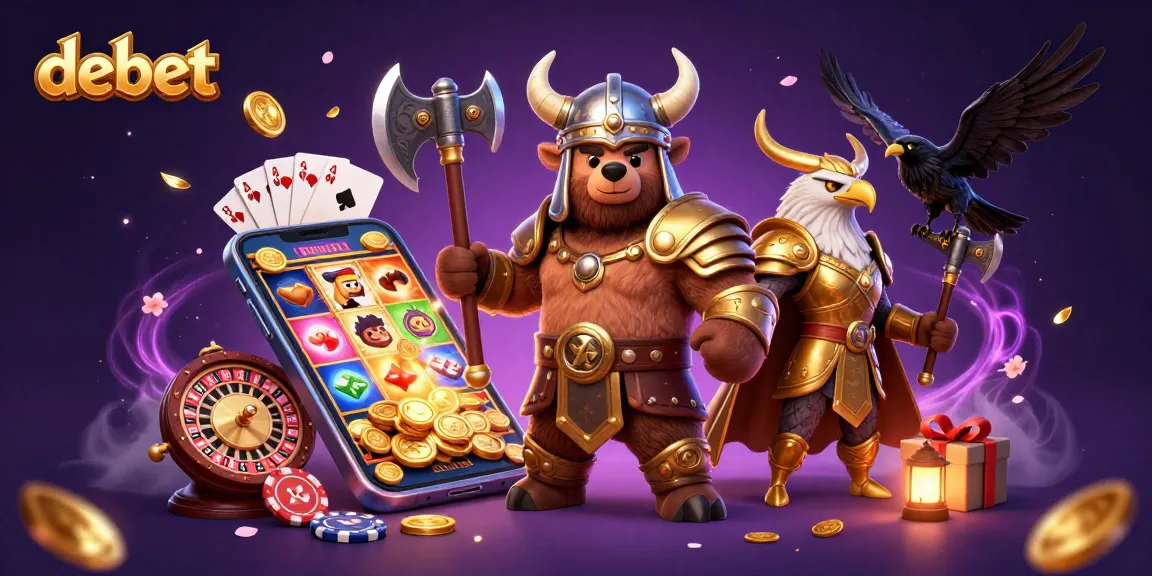 Experience the thrill of debet gaming in a dynamic, colorful casino scene with vibrant characters and slots.