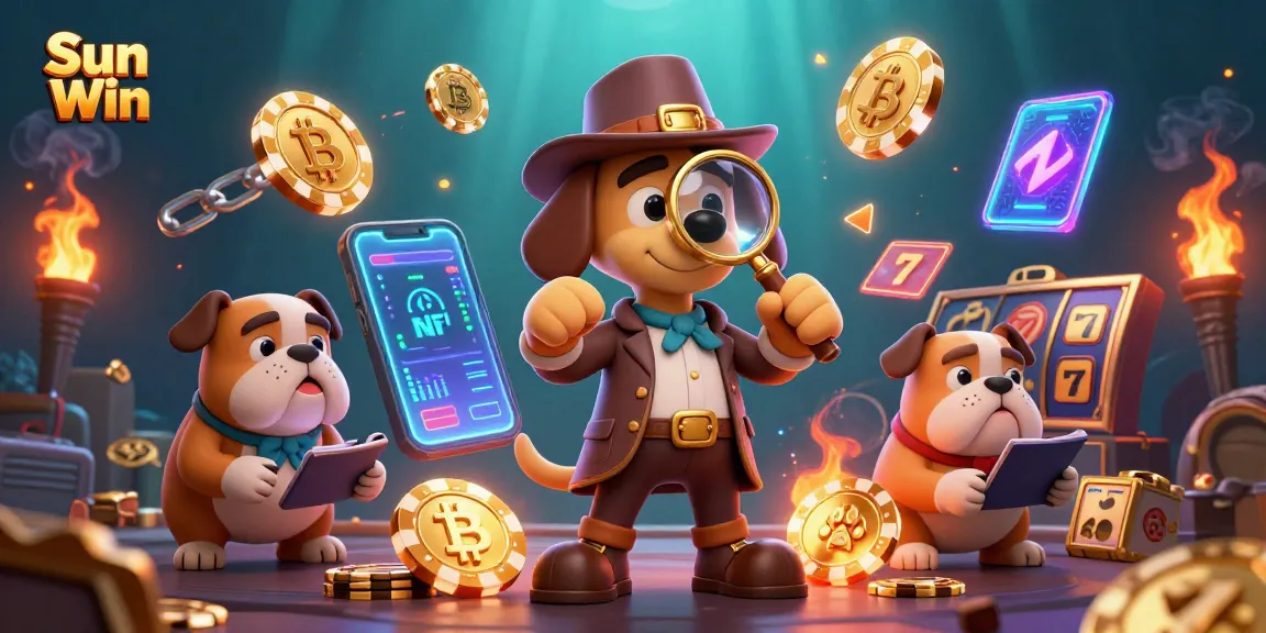 Engage at Sun Win with a vibrant cartoon detective scene analyzing a golden poker chip.