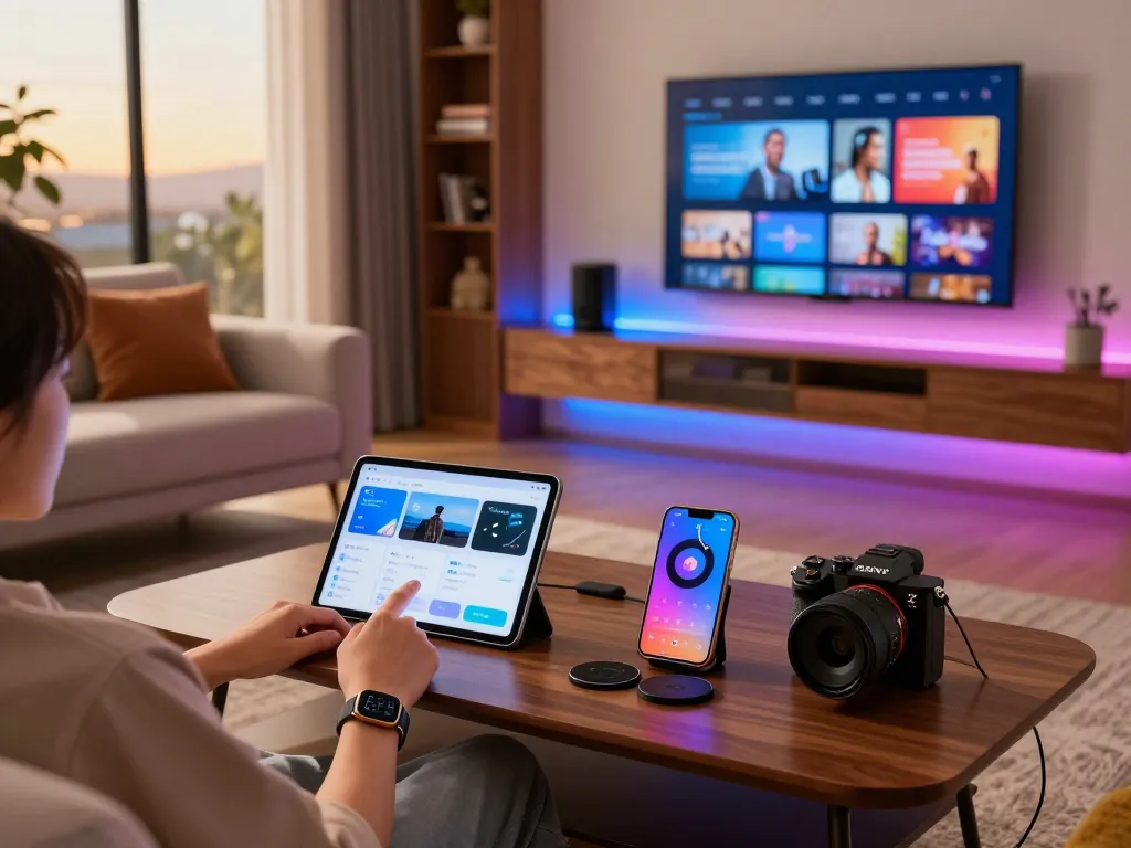 Cozy living room featuring smart tech gadgets including tablets and Bluetooth speakers
