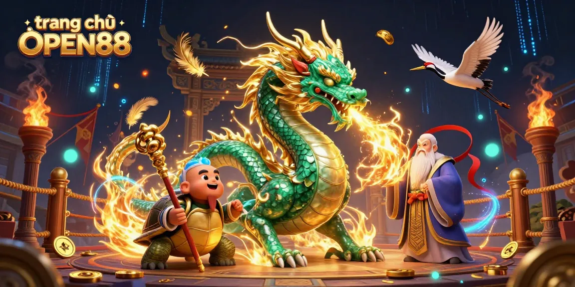 Engage in the vibrant world of gaming with trang chủ OPEN88, featuring mystical dragon and fortune symbols.